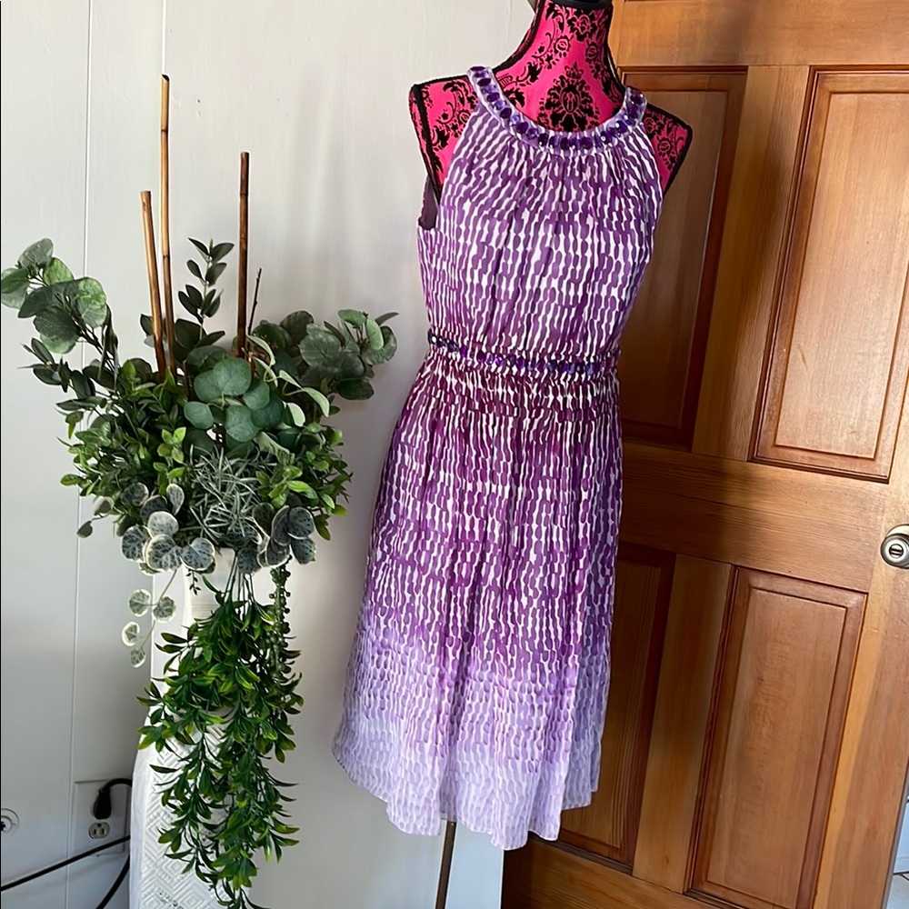 Carmen Marc Valvo Purple and White Pleated Halter Midi Dress